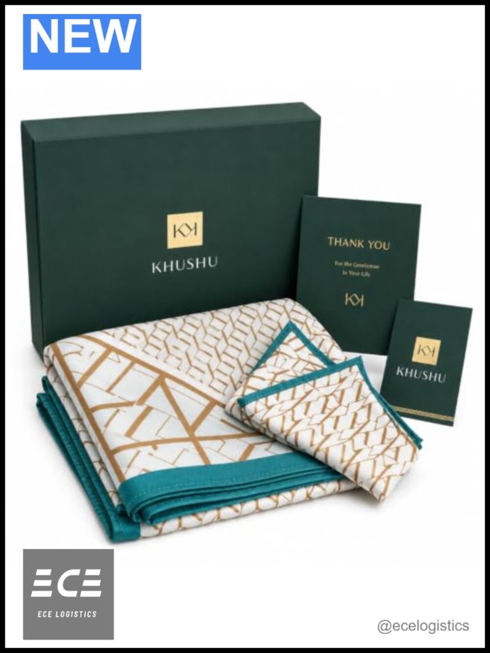 Cotton & Mulberry Silk Geometric Oblong Scarf 62x24 with Gift Box & Handkerchief